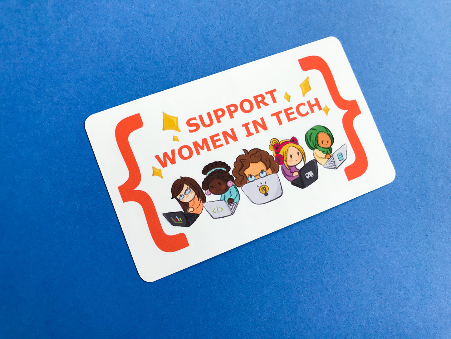 Sticker with illustrations of women in tech and text 'Support Women in Tech' on a blue background