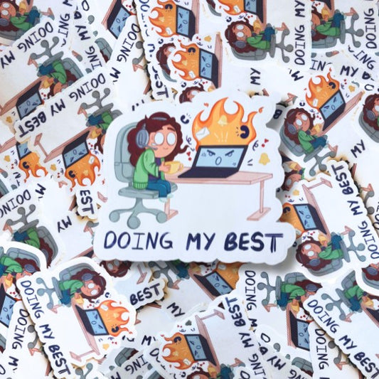 Stickers with a cartoon character working at a laptop and text 'DOING MY BEST' on a white background.