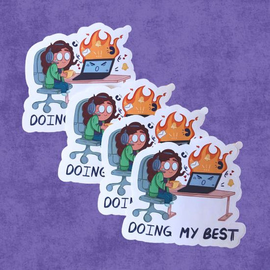 Set of four illustrated stickers showing a person working on a laptop with flames around, on a purple background.